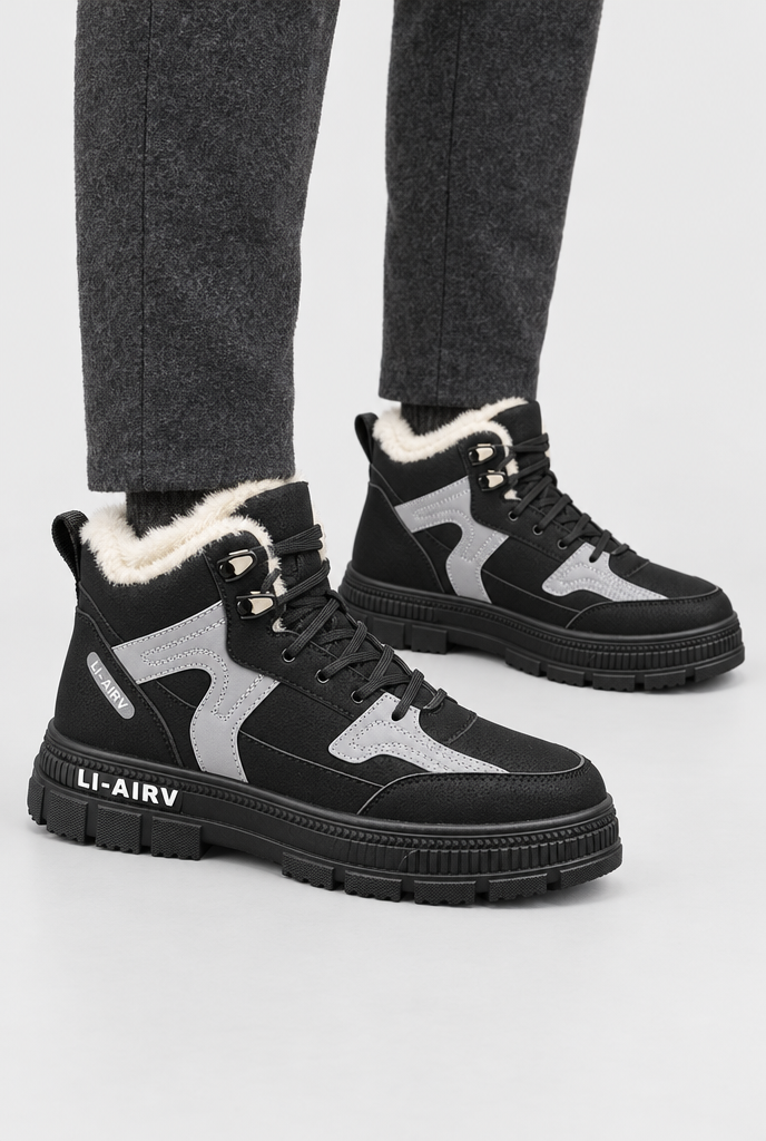 Black plush-lined high-top sneakers, on-feet hero