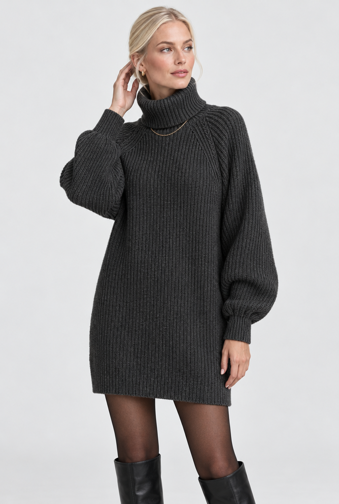 Robe pull col roulé oversize en maille côtelée — Anthracite — photo principale