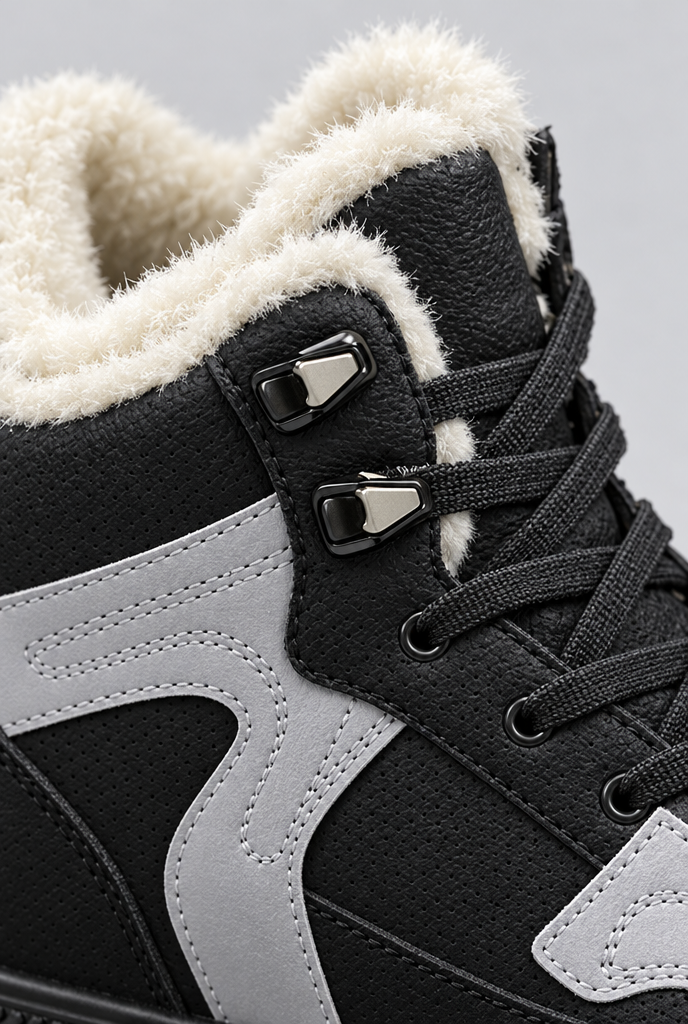 Black plush-lined high-top sneakers, macro