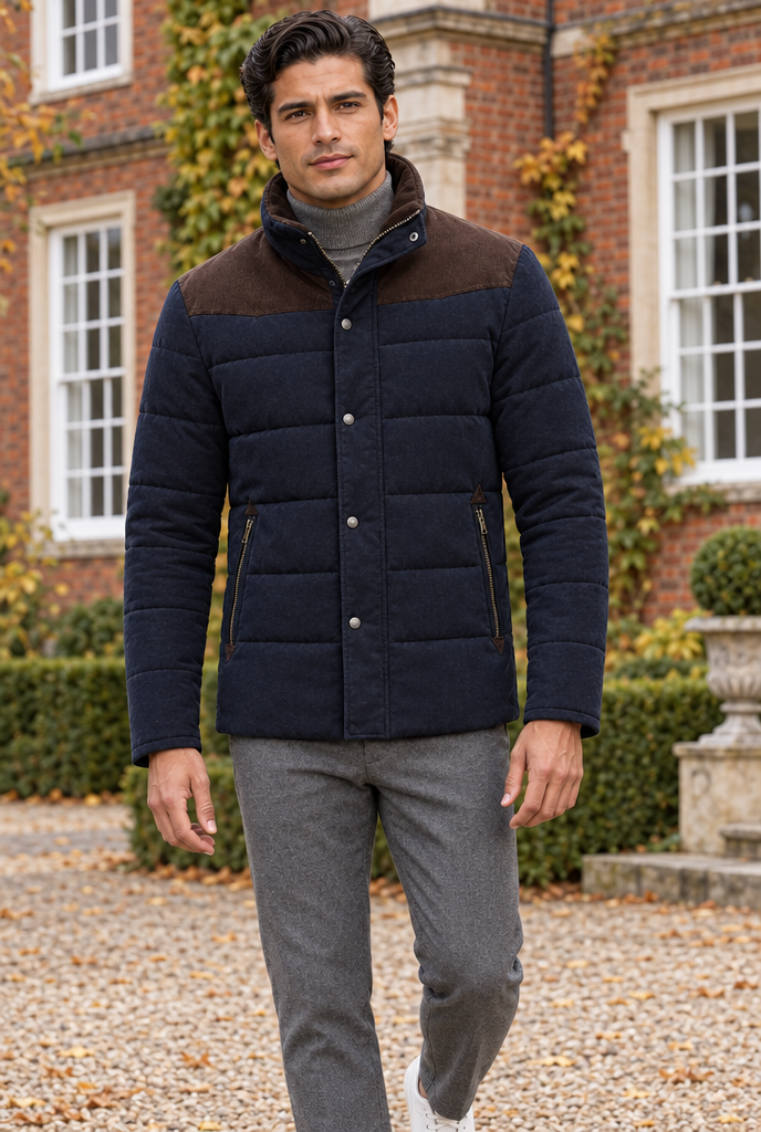Navy two-tone padded jacket, lifestyle