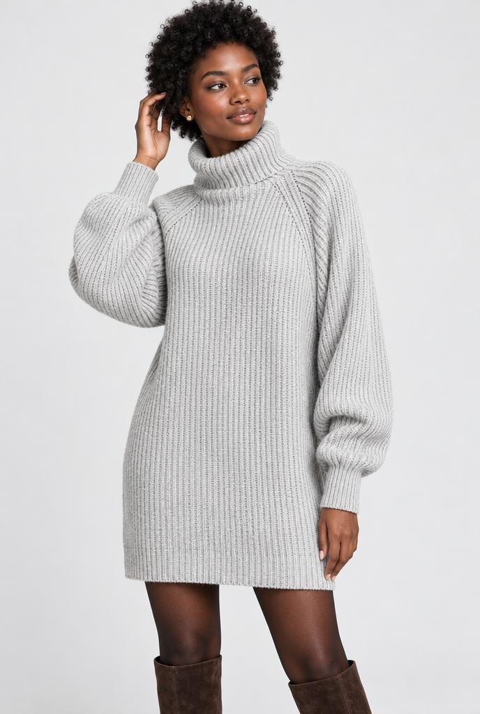 Robe pull col roulé oversize en maille côtelée — Gris perle — photo principale