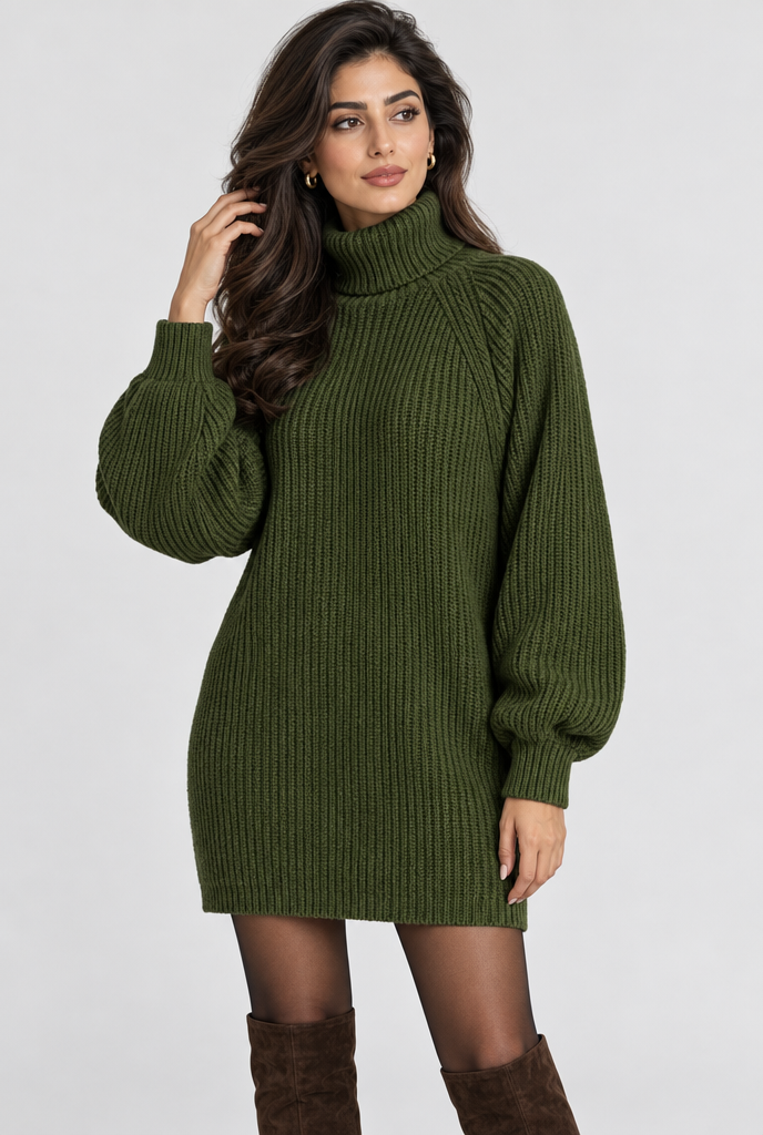 Robe pull col roulé oversize en maille côtelée — Olive — photo principale