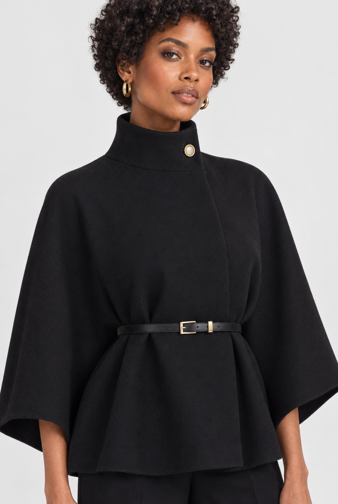 Veste cape ceinturée col montant manches chauve-souris — Noir — détail du col