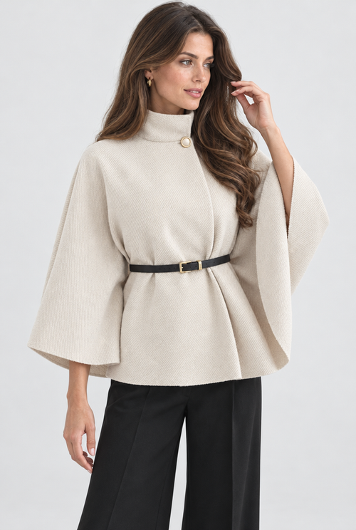 Cream belted cape jacket, studio