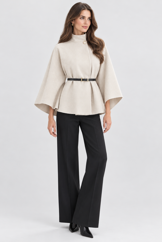 Veste cape ceinturée col montant manches chauve-souris — Crème — silhouette complète