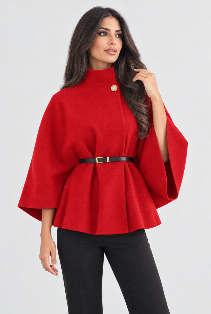 Veste cape ceinturée col montant manches chauve-souris — Rouge — studio