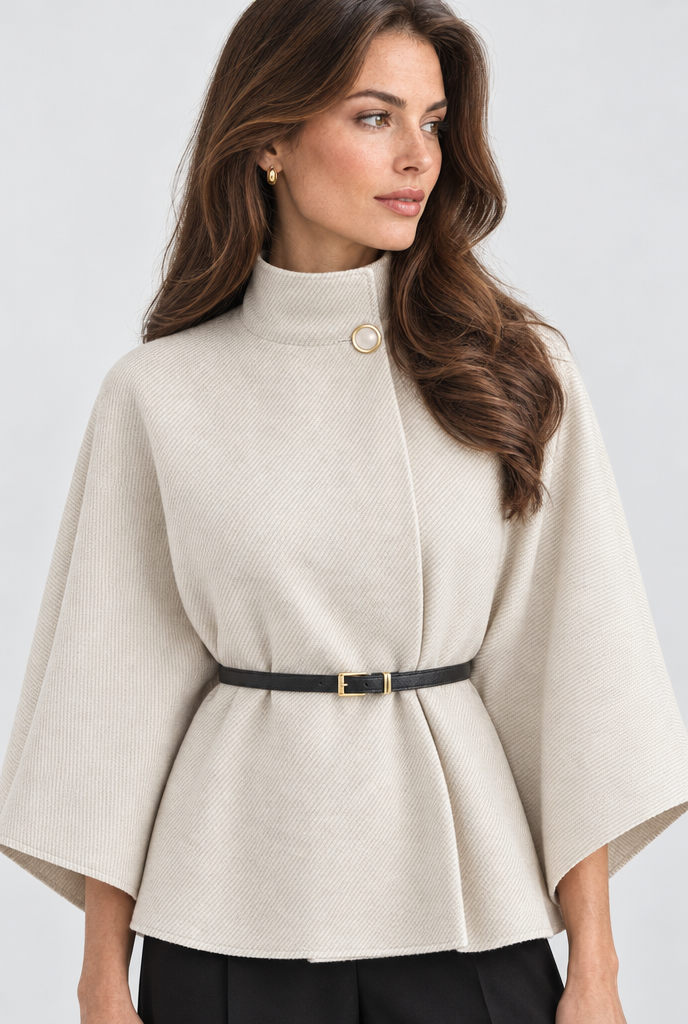 Veste cape ceinturée col montant manches chauve-souris — Crème — détail du col