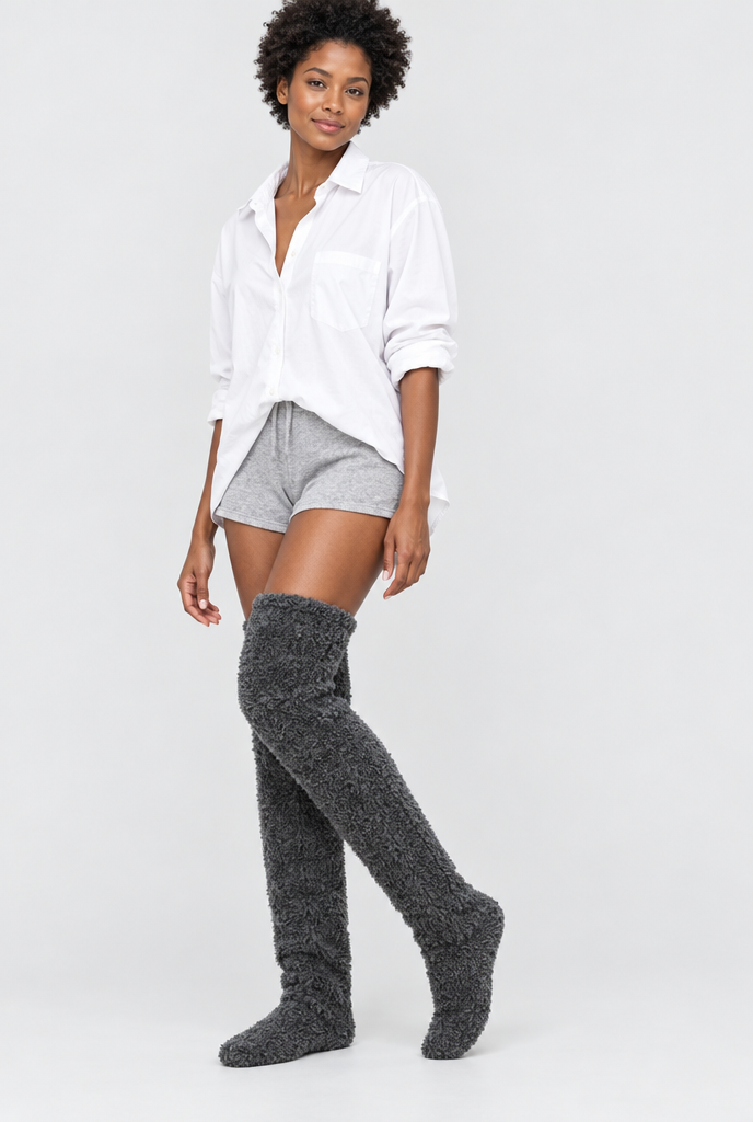 Chaussettes cuissardes en peluche douce — Anthracite — photo principale