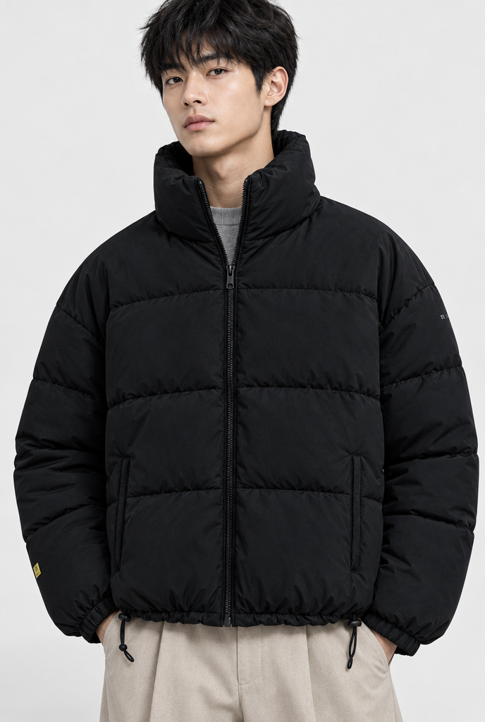 Black oversized stand-collar puffer jacket, stand collar