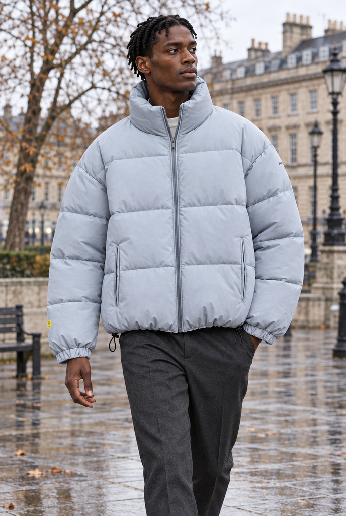 Ice Blue oversized stand-collar puffer jacket, city square