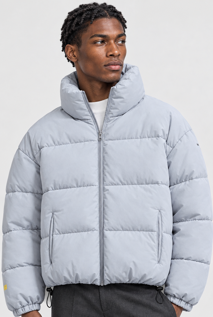 Ice Blue oversized stand-collar puffer jacket, stand collar