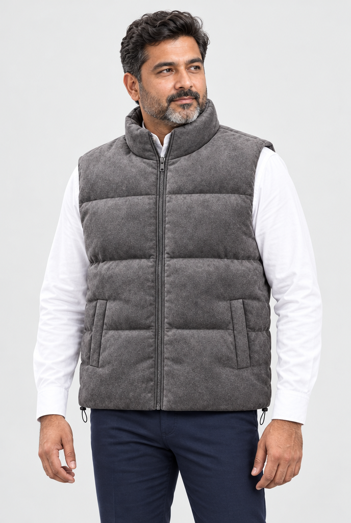 Gray faux suede puffer vest, studio hero