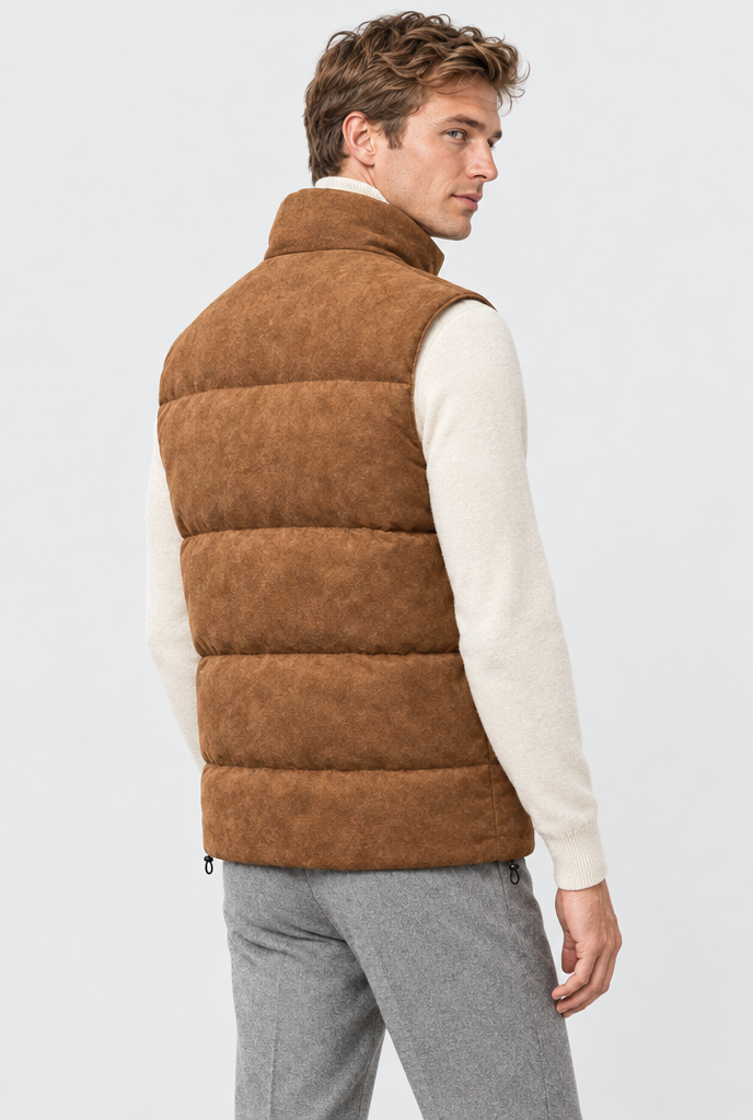 Tan faux suede puffer vest, back