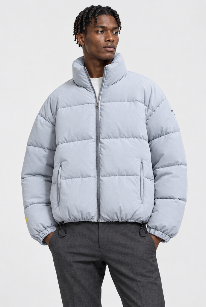 Ice Blue oversized stand-collar puffer jacket, studio