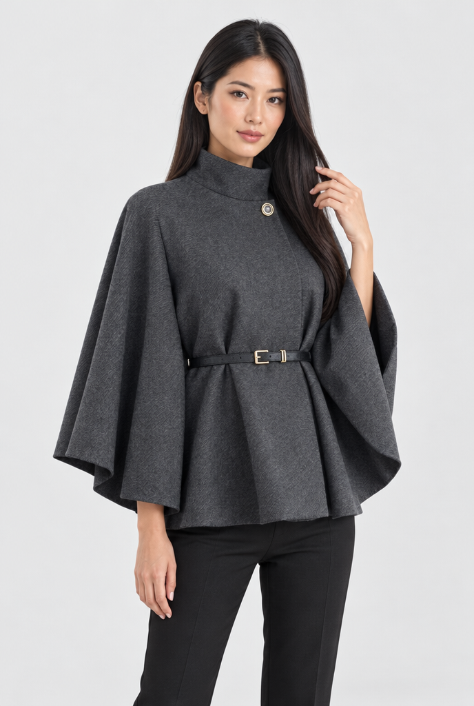Veste cape ceinturée col montant manches chauve-souris — Anthracite — studio