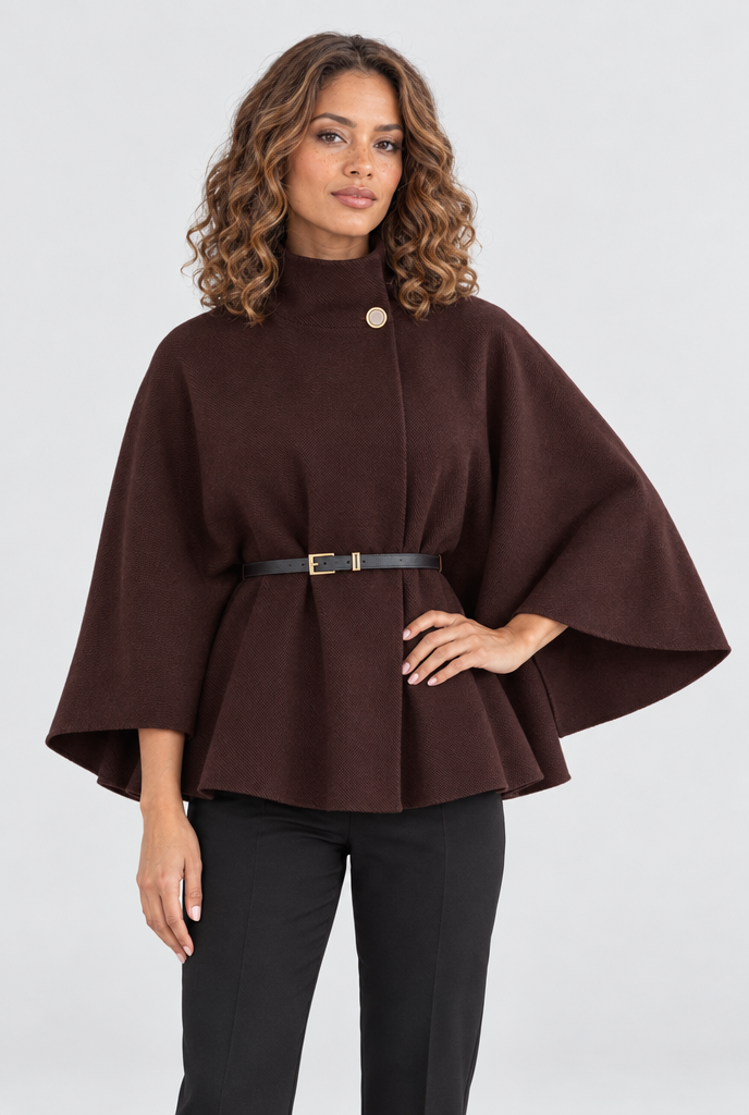 Veste cape ceinturée col montant manches chauve-souris — Expresso — studio