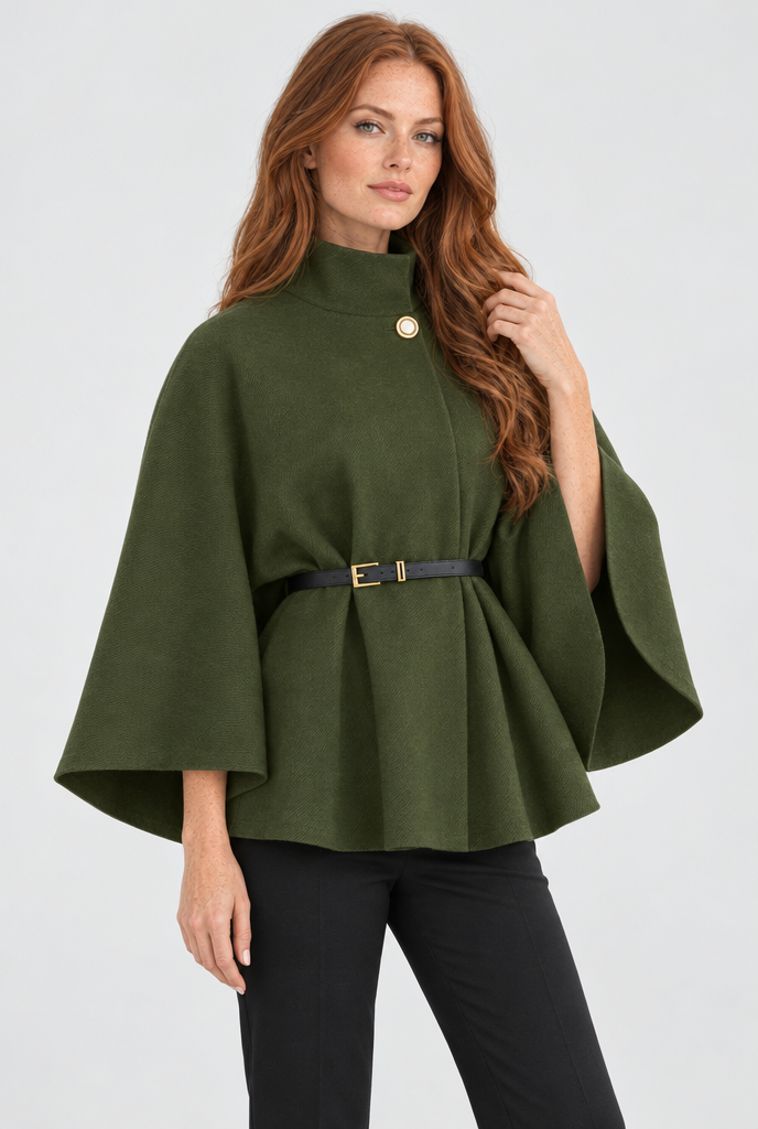 Veste cape ceinturée col montant manches chauve-souris — Olive — studio