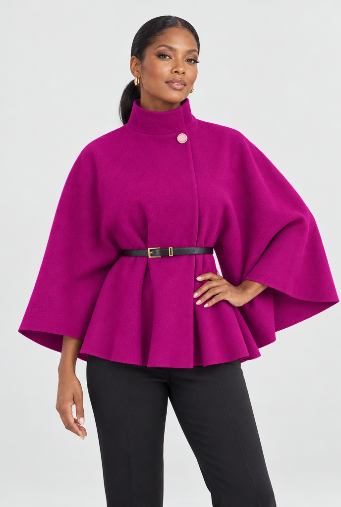 Veste cape ceinturée col montant manches chauve-souris — Magenta — studio
