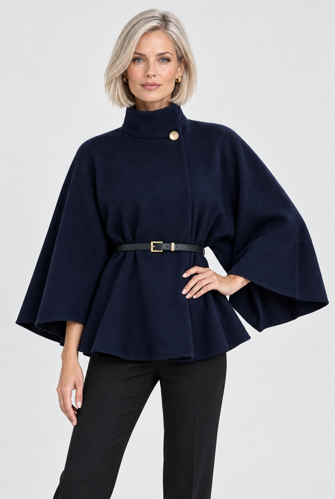 Veste cape ceinturée col montant manches chauve-souris — Marine — studio