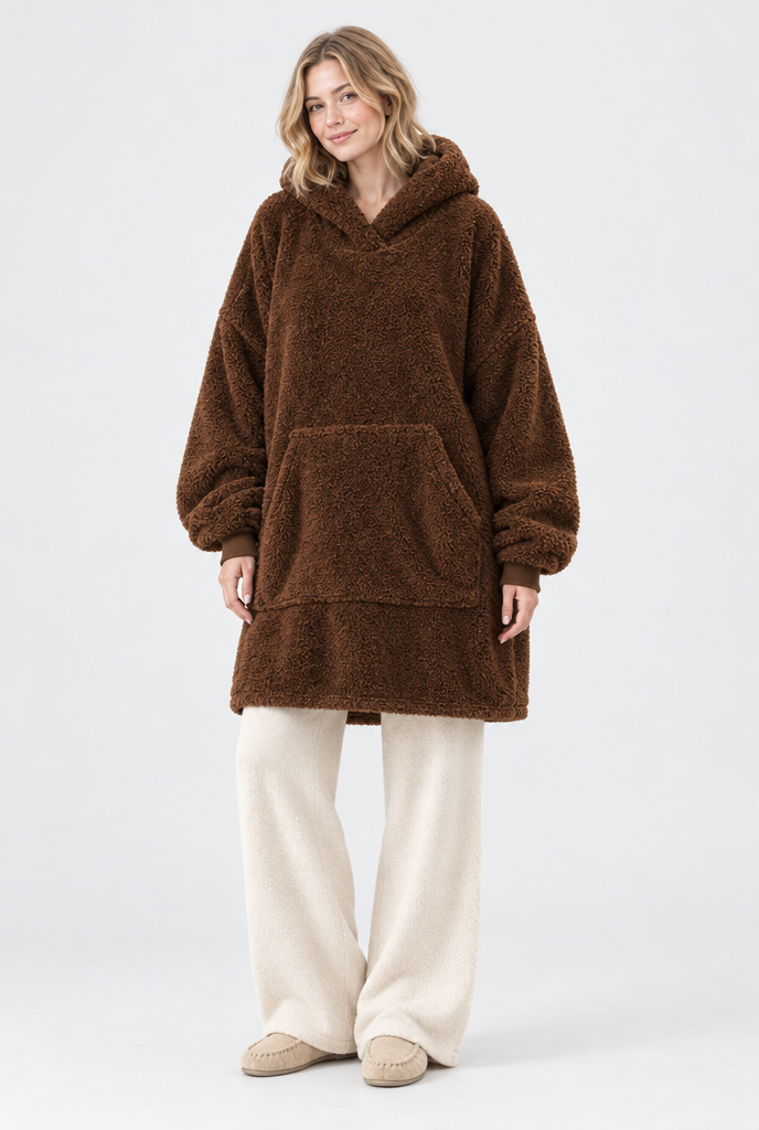 Sweat plaid oversize à capuche en polaire sherpa — Chocolat — silhouette complète