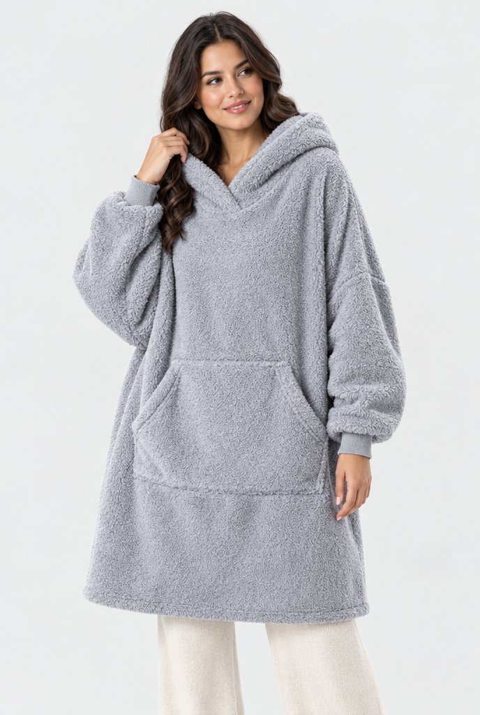 Sweat plaid oversize à capuche en polaire sherpa — Gris perle — photo principale