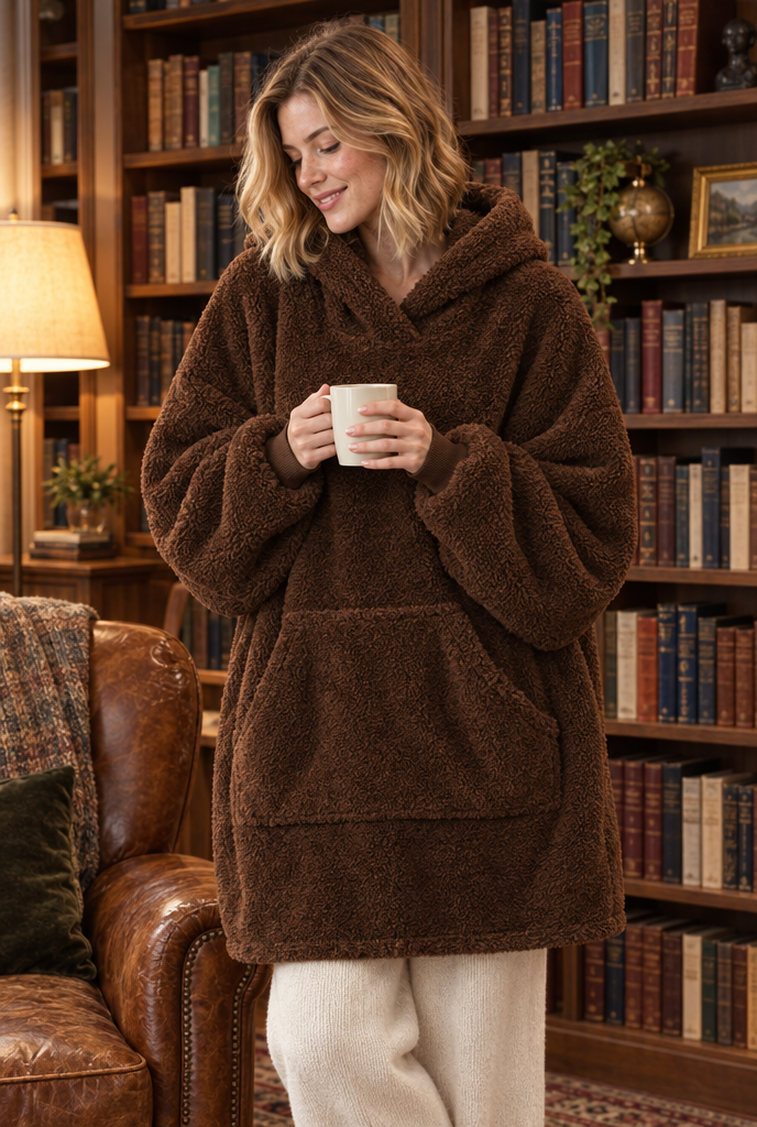 Sweat plaid oversize à capuche en polaire sherpa — Chocolat — en situation