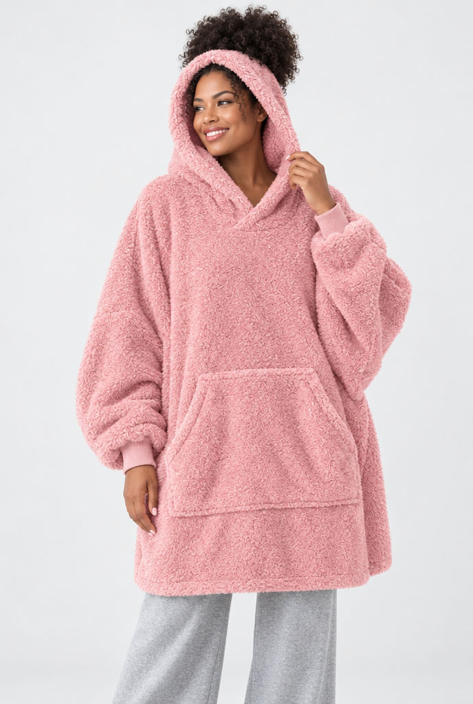 Sweat plaid oversize à capuche en polaire sherpa — Rose poudré — photo principale