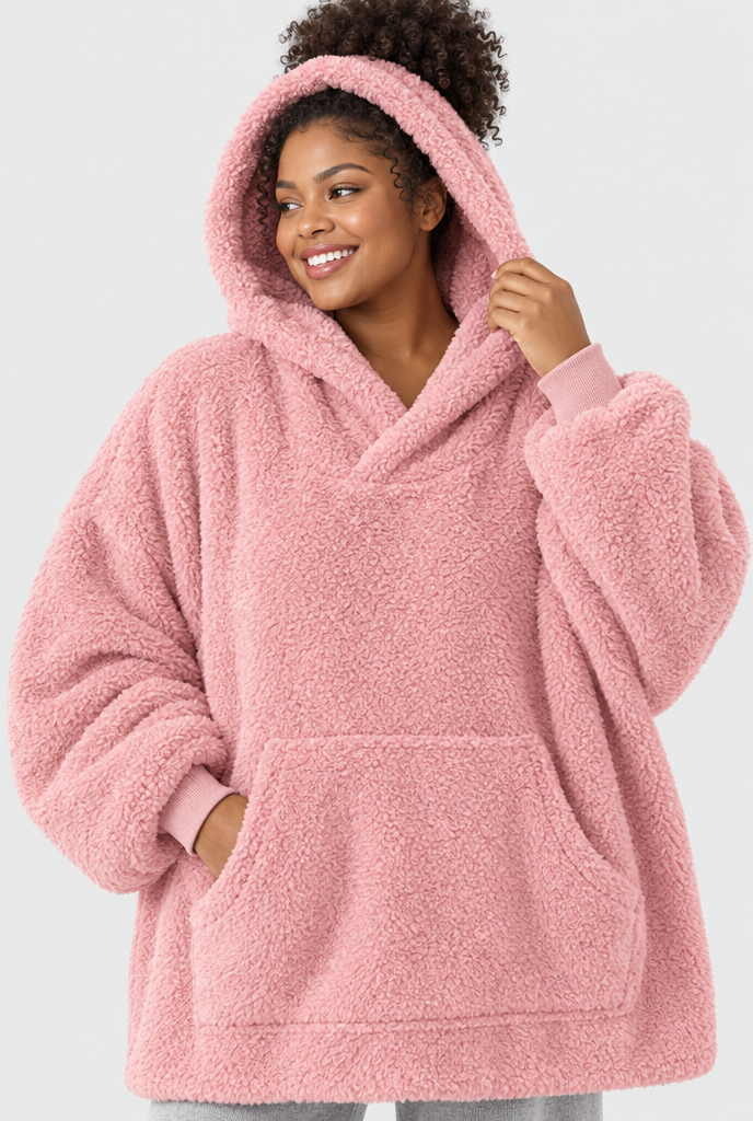 Sweat plaid oversize à capuche en polaire sherpa — Rose poudré — col