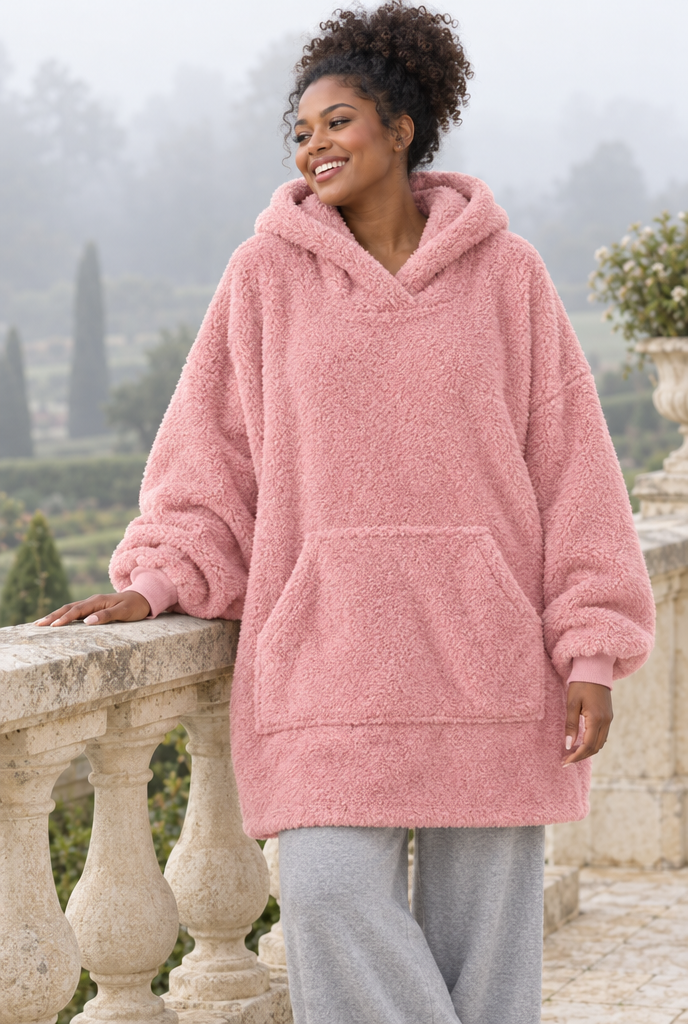 Sweat plaid oversize à capuche en polaire sherpa — Rose poudré — en situation