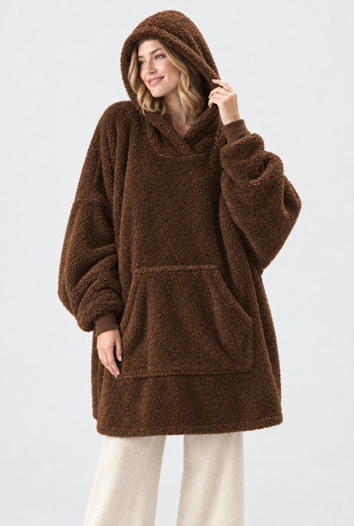 Sweat plaid oversize à capuche en polaire sherpa — Chocolat — photo principale