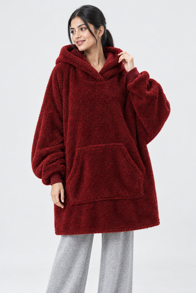 Sweat plaid oversize à capuche en polaire sherpa — Bordeaux — photo principale