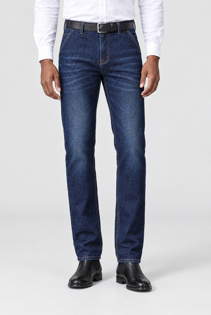 Dark Blue fleece-lined straight leg jeans, studio hero