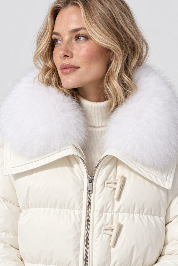 Doudoune courte à col en fausse fourrure — Blanc crème — détail du col