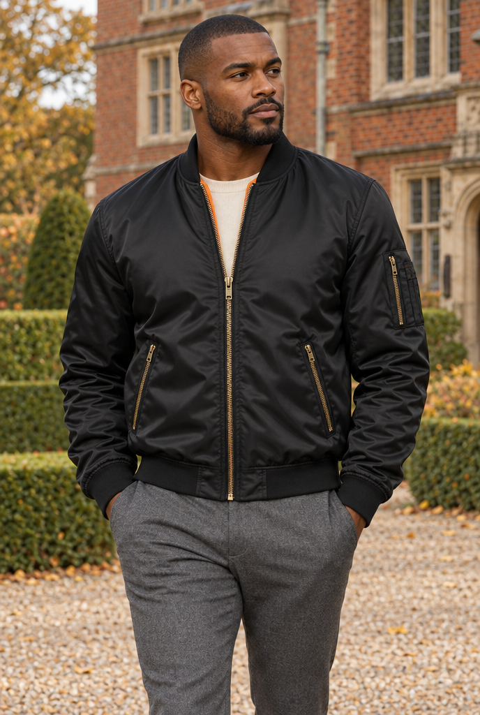Black MA-1 flight bomber jacket, lifestyle