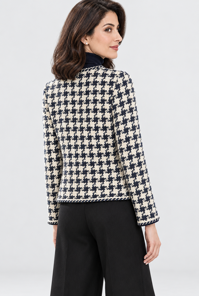 Veste sans col pied-de-poule effet tweed — Pied-de-poule marine — vue de dos