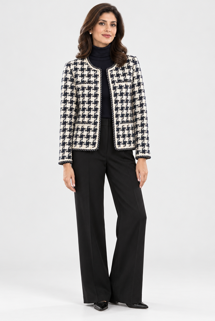 Veste sans col pied-de-poule effet tweed — Pied-de-poule marine — silhouette complète