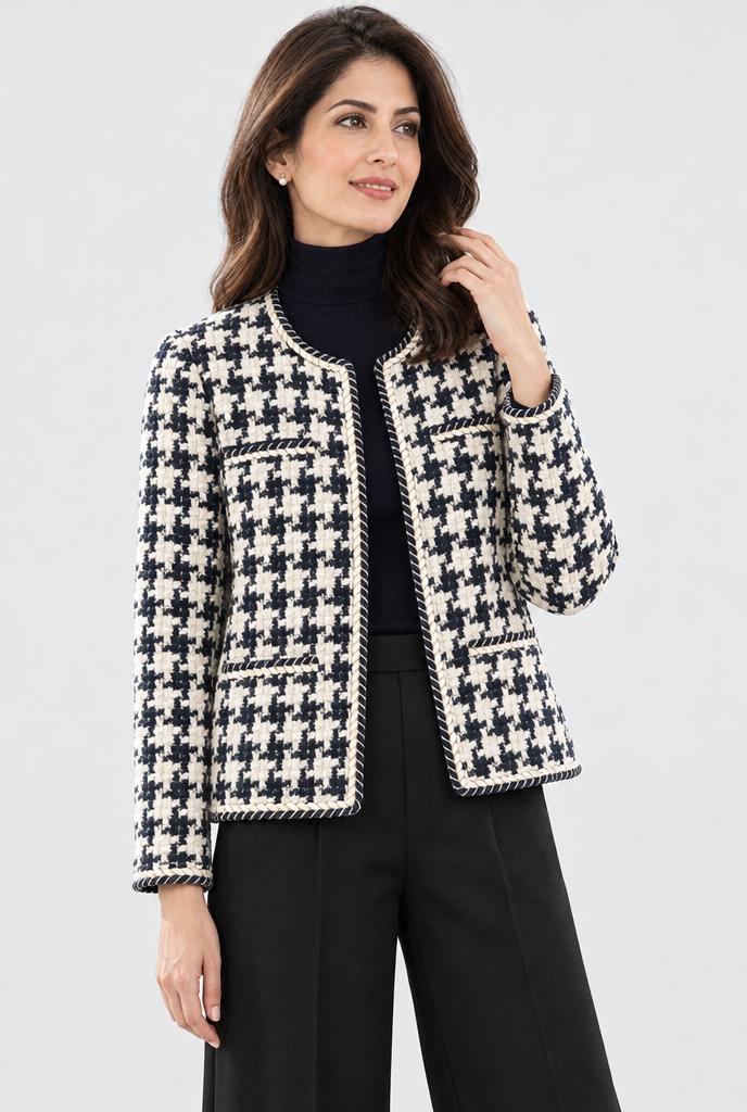 Houndstooth Tweed-Look Collarless Jacket