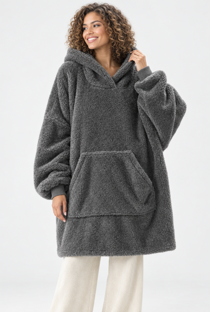 Sweat plaid oversize à capuche en polaire sherpa — Anthracite — photo principale