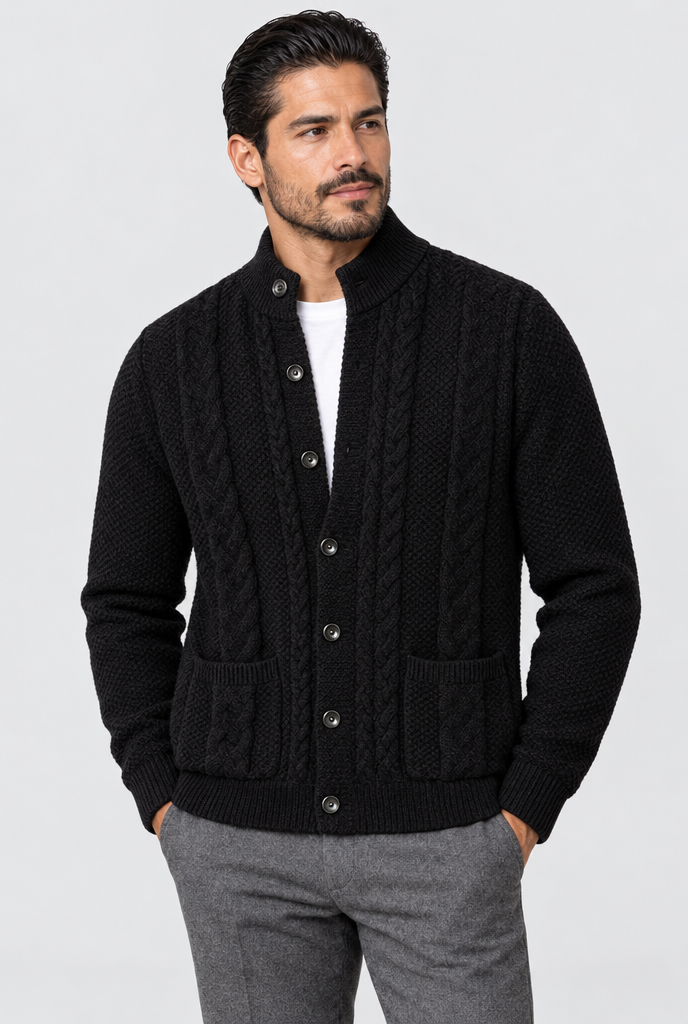 Cardigan torsadé col montant Homme — Noir — photo studio