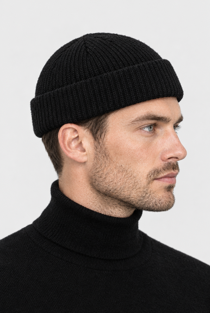 Black ribbed fisherman beanie, side profile