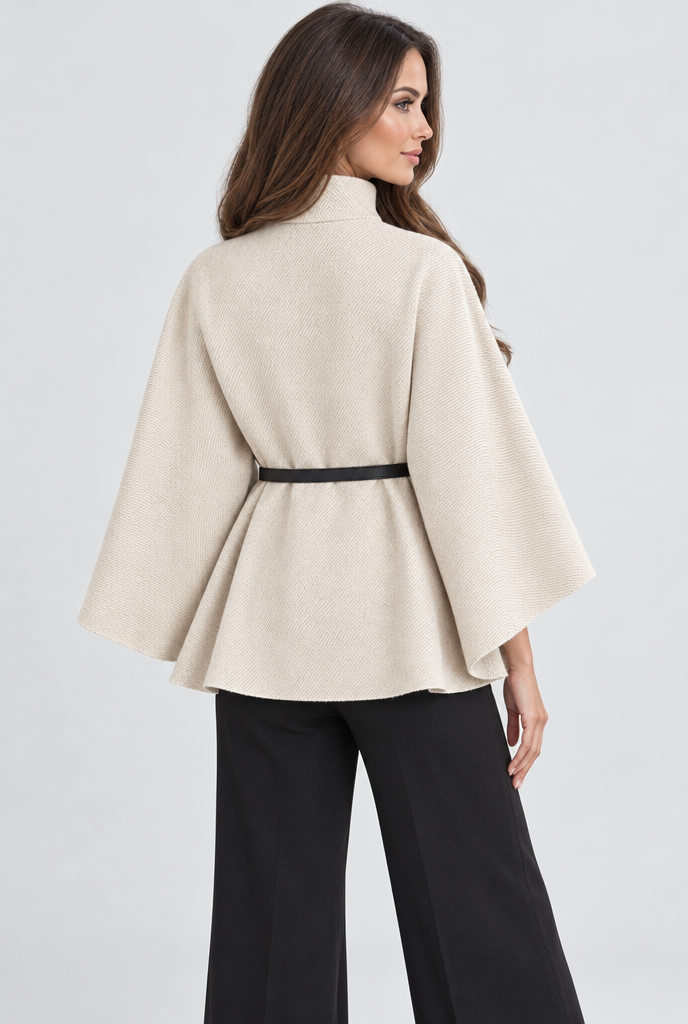 Veste cape ceinturée col montant manches chauve-souris — Crème — vue de dos
