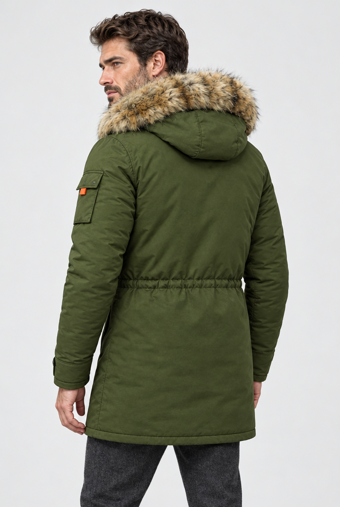 Parka utilitaire matelassée à capuche fausse fourrure — Olive — vue de dos