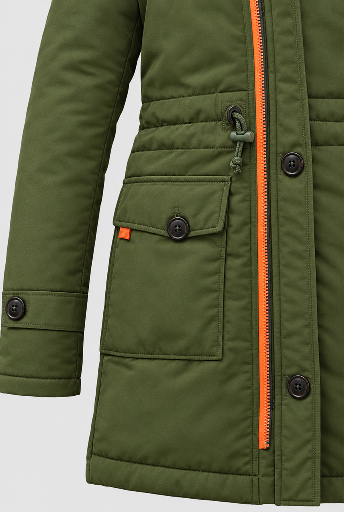 Parka utilitaire matelassée à capuche fausse fourrure — Olive — détail