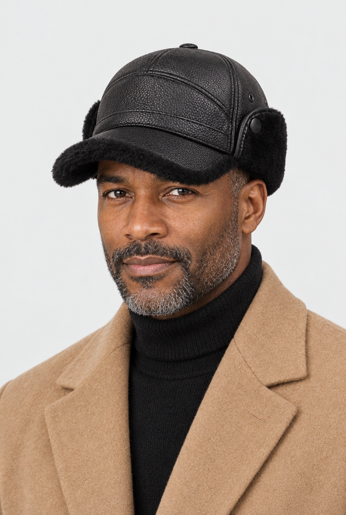Black / Black Plush faux leather ear-flap cap, worn hero