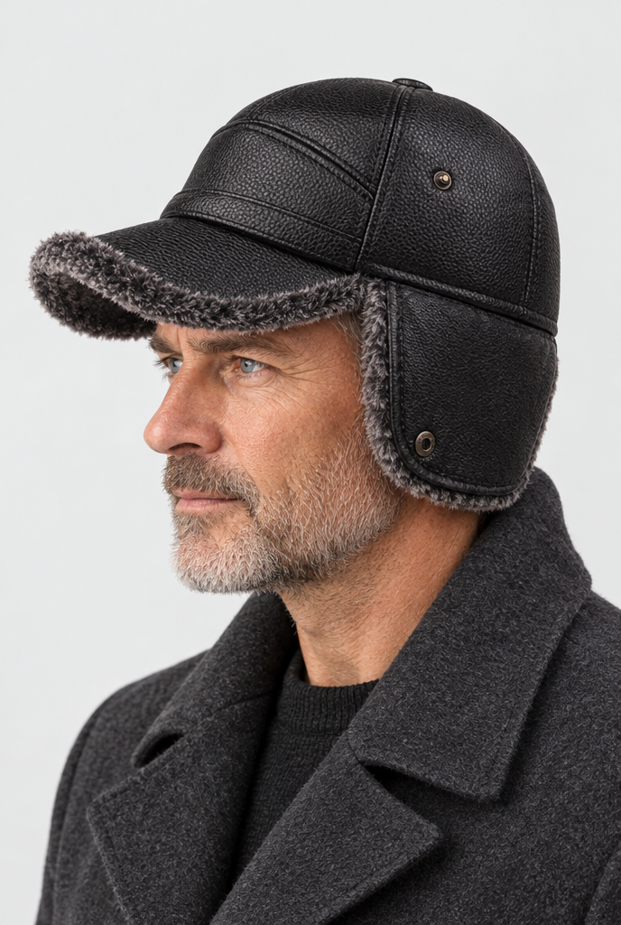 Casquette en simili cuir à cache-oreilles — Noir / peluche grise