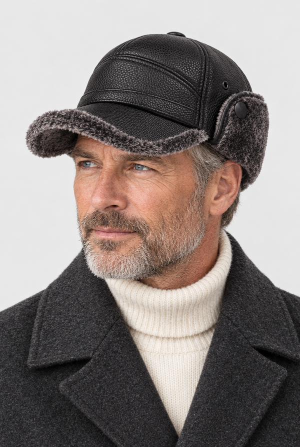 Men's Faux Leather Ear-Flap Baseball Cap