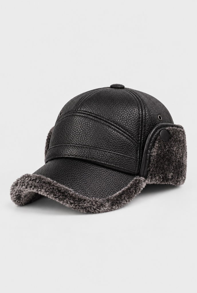 Black / Gray Plush faux leather ear-flap cap, packshot