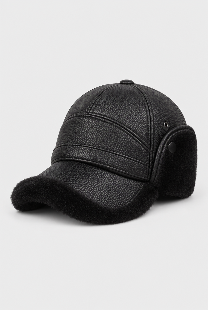 Casquette en simili cuir à cache-oreilles — Noir / peluche noire — packshot