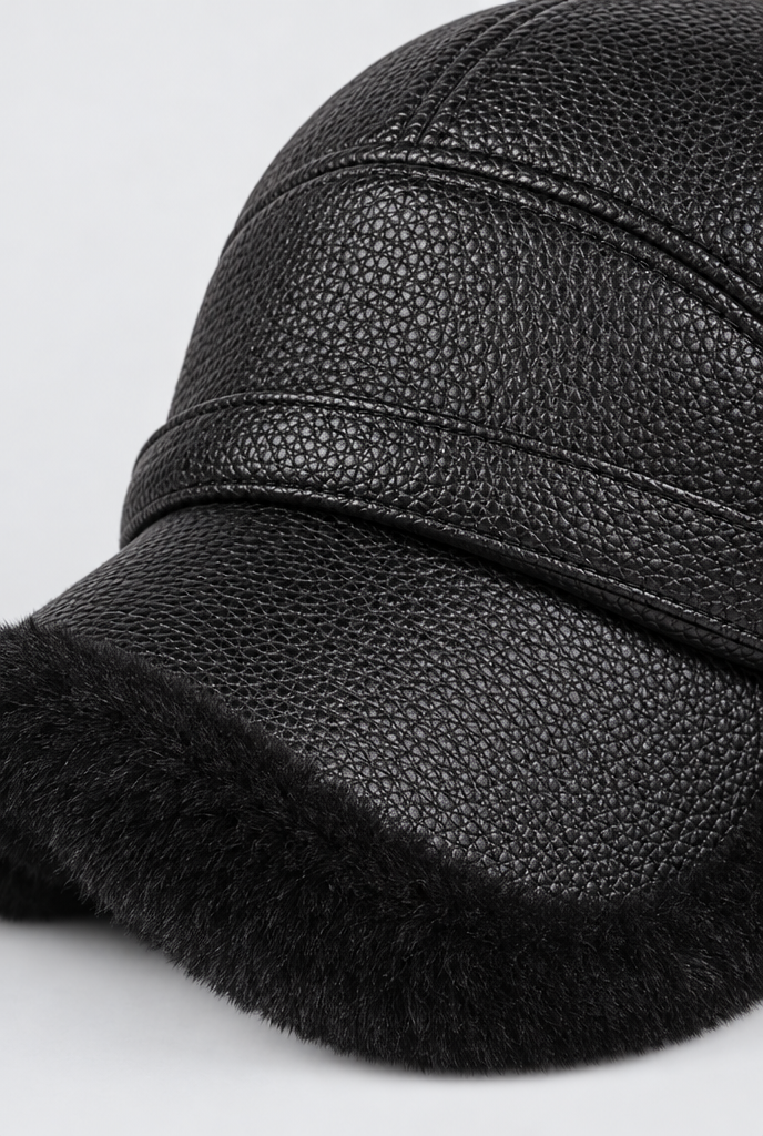 Casquette en simili cuir à cache-oreilles — Noir / peluche noire — gros plan matière