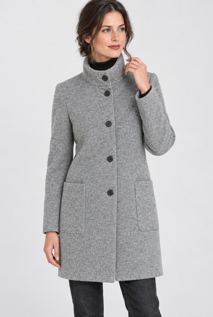 Manteau boutonné col montant effet laine — Gris chiné clair — photo studio